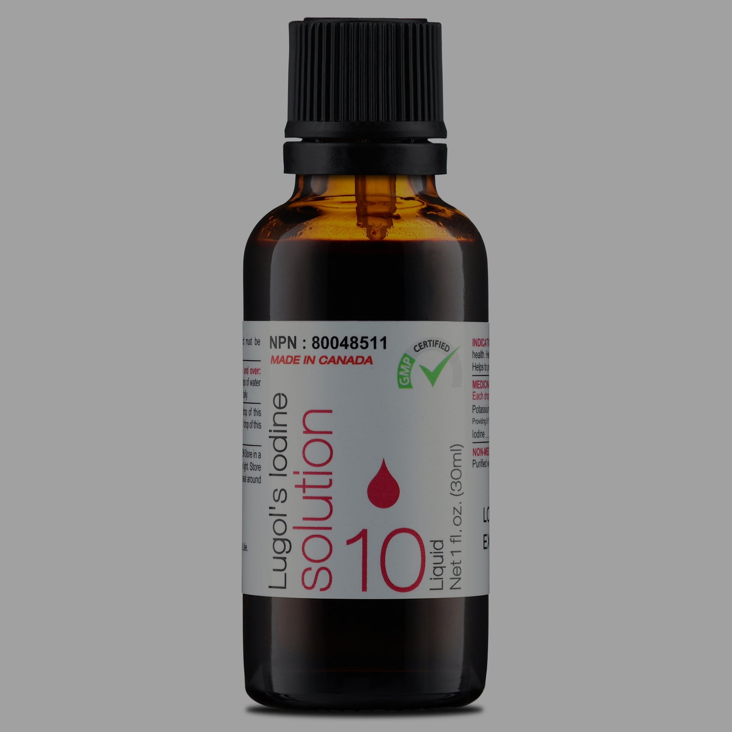 Soluté d'Iode 10% Lugol 1 fl. oz. (30 ml) Compte-gouttes inversé