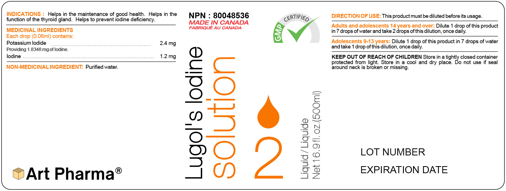 Lugol's Iodine 2% Solution 16.9 fl. oz. (500 mL) Bottle (ships to Canada)